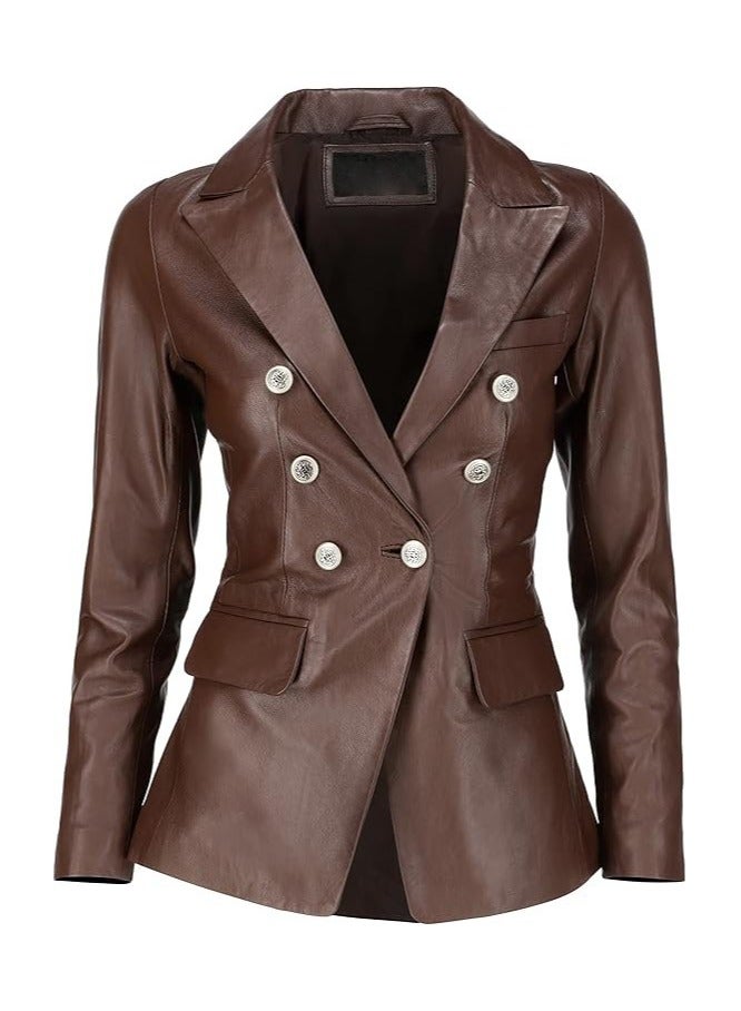 Women's Brown Leather Blazer with Luxe Silver Buttons and Single-Button Closure