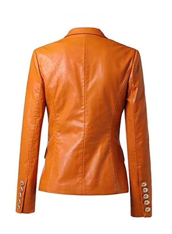 Women's Orange Leather Blazer with Luxe Silver Buttons and Single-Button Closure