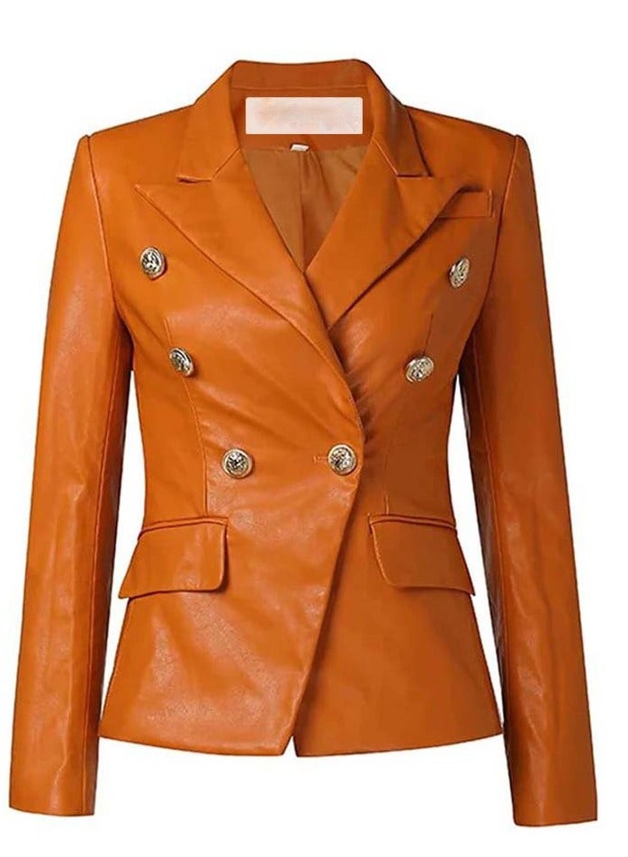 Women's Orange Leather Blazer with Luxe Silver Buttons and Single-Button Closure