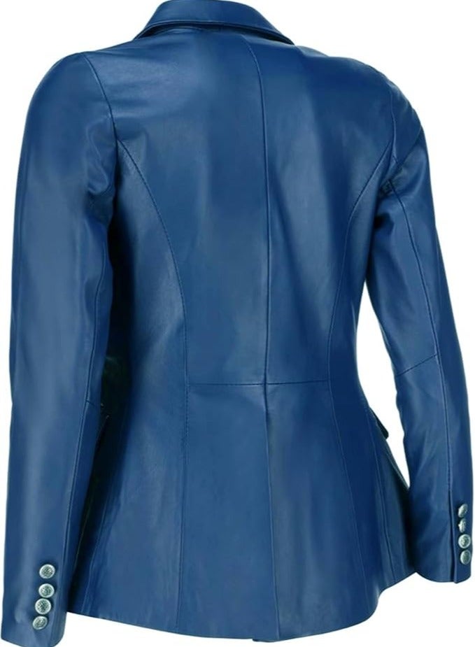 Women's Blue Leather Blazer with Luxe Silver Buttons and Single-Button Closure