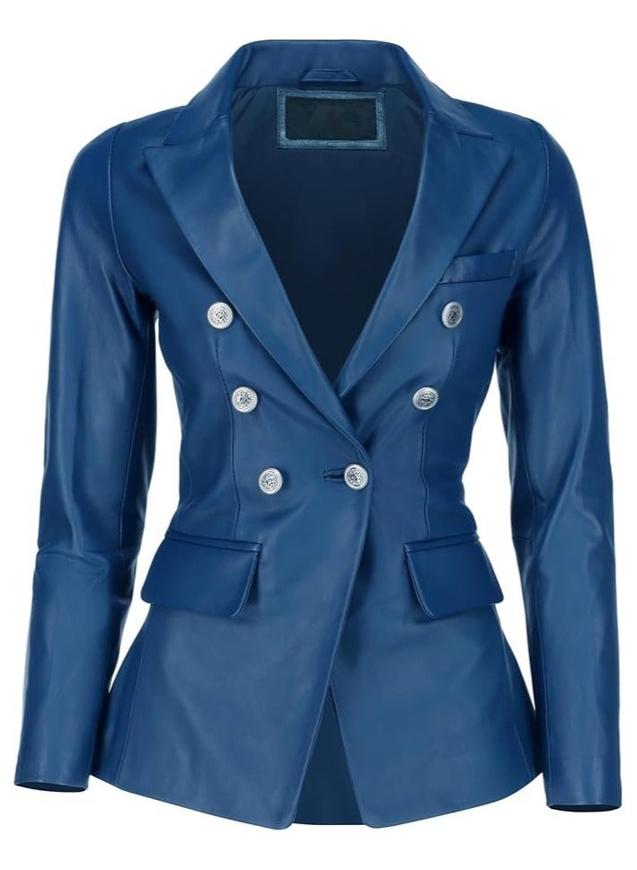 Women's Blue Leather Blazer with Luxe Silver Buttons and Single-Button Closure