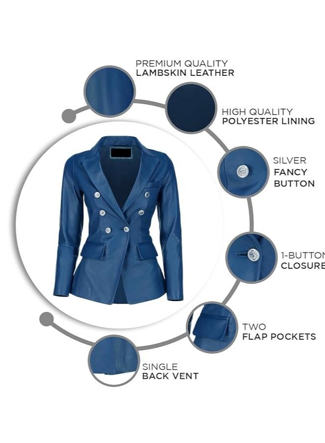 Women's Blue Leather Blazer with Luxe Silver Buttons and Single-Button Closure