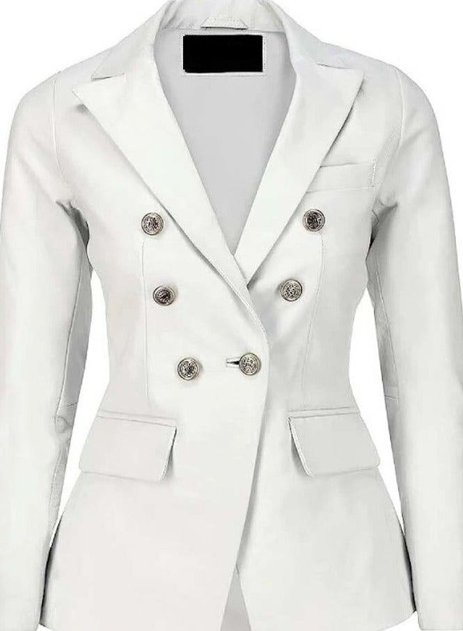 Women's White Leather Blazer with Luxe Silver Buttons and Single-Button Closure