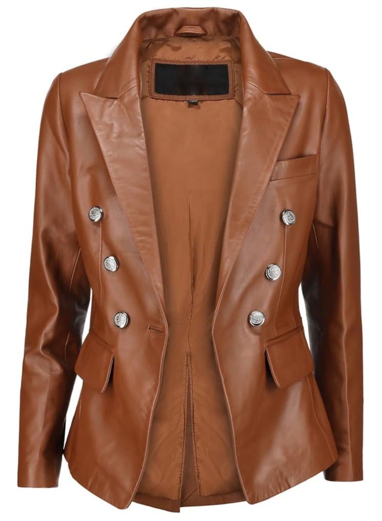 Women's Cognac Leather Blazer with Luxe Silver Buttons and Single-Button Closure