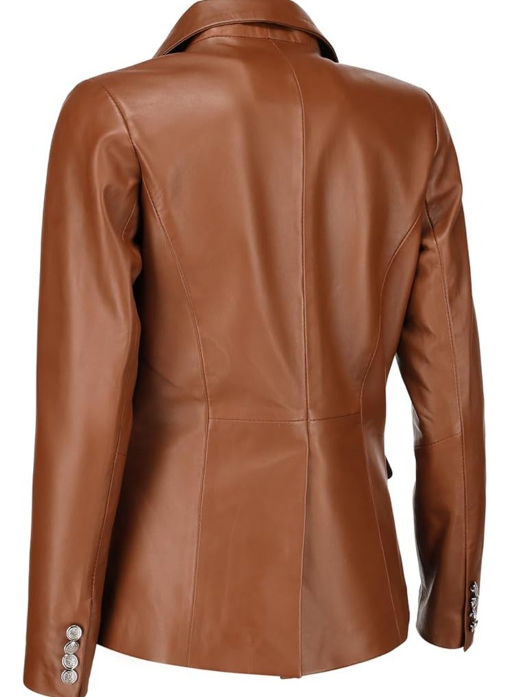 Women's Cognac Leather Blazer with Luxe Silver Buttons and Single-Button Closure