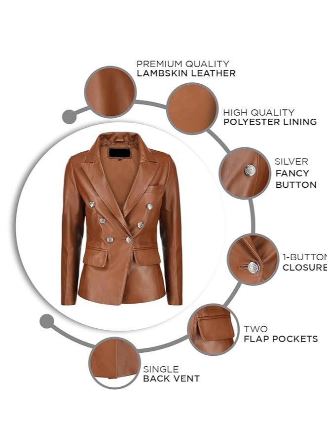 Women's Cognac Leather Blazer with Luxe Silver Buttons and Single-Button Closure