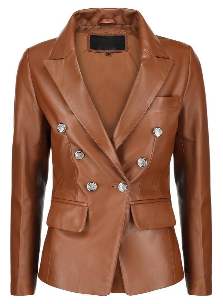 Women's Cognac Leather Blazer with Luxe Silver Buttons and Single-Button Closure