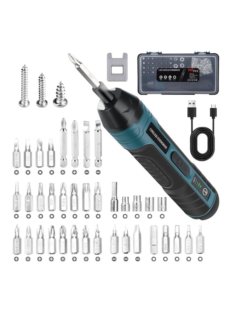 105 pcs Cordless Electric Screwdriver Set With LED 4 Switch Torques 37 Bits & Storage Case 1300mAh Rechargeable Battery Portable Utility Tool For Repairing Woodwork DIY Projects And More