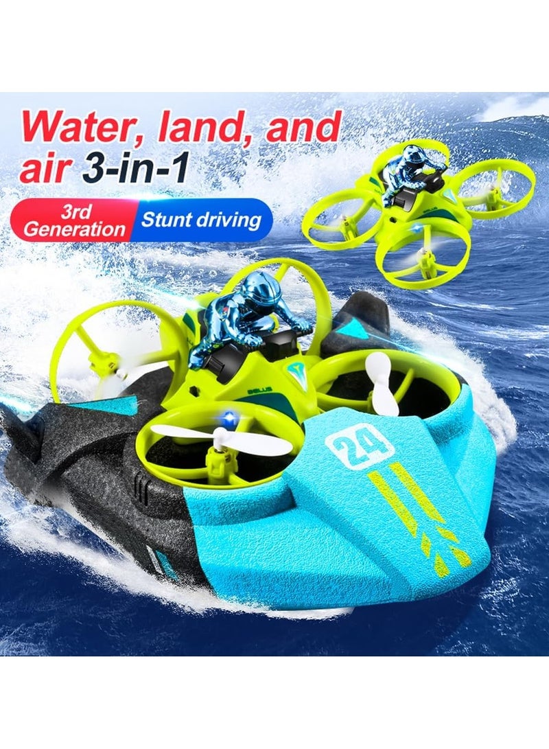 3 in 1 RC Boat Mini Remote Contoal Drones Car Toys for Kids Age 8 2.4G Sea Land Air Flight 4-Axis Quadcopter Boat RC Helicopter Rechargeable Pool Lake Gift for Boys Girls