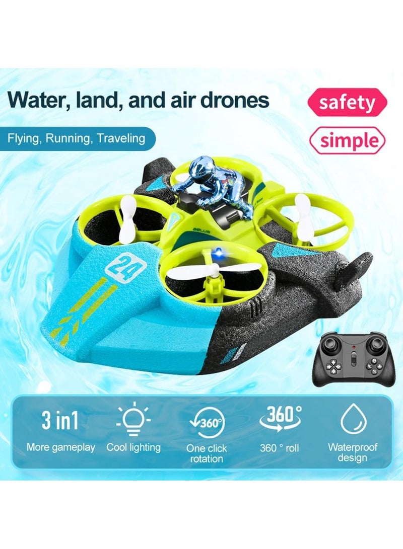 3 in 1 RC Boat Mini Remote Contoal Drones Car Toys for Kids Age 8 2.4G Sea Land Air Flight 4-Axis Quadcopter Boat RC Helicopter Rechargeable Pool Lake Gift for Boys Girls