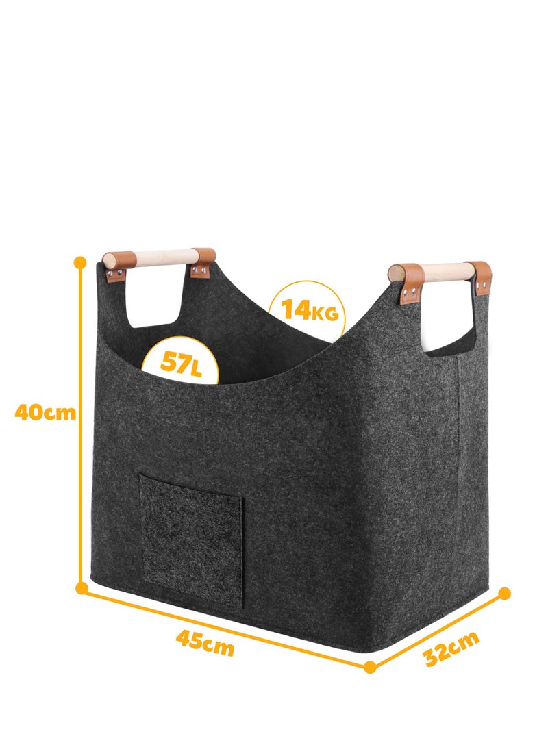 Extra Thick Felt Firewood Basket with XL Reinforced Handles - Versatile Foldable Storage for Wood, Newspapers, and More