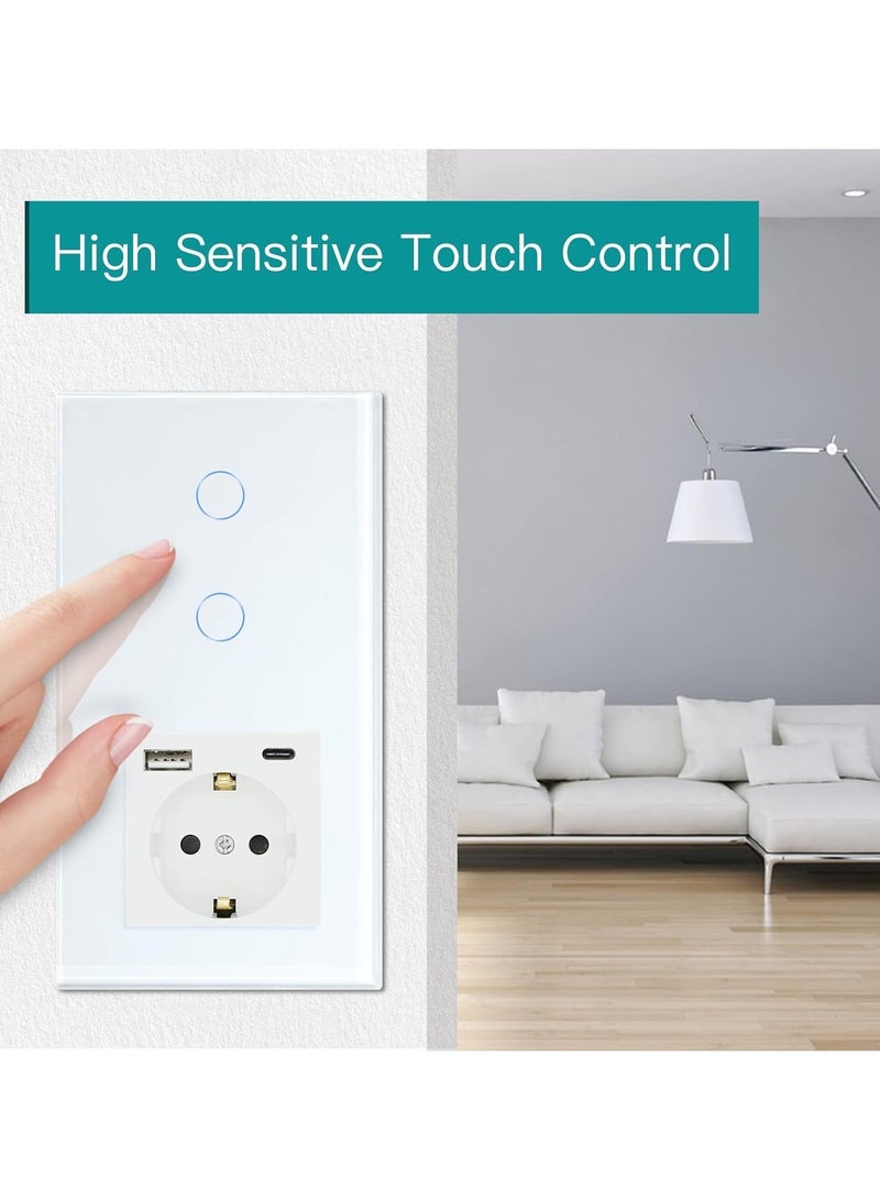 Standard Schuko Socket with Smart Alexa Glass Panel Touch Switch, 3-in-1 Socket with 2.1A USB Charging and Type-C Adapter, 2-Way/1-Way Light Switch, White