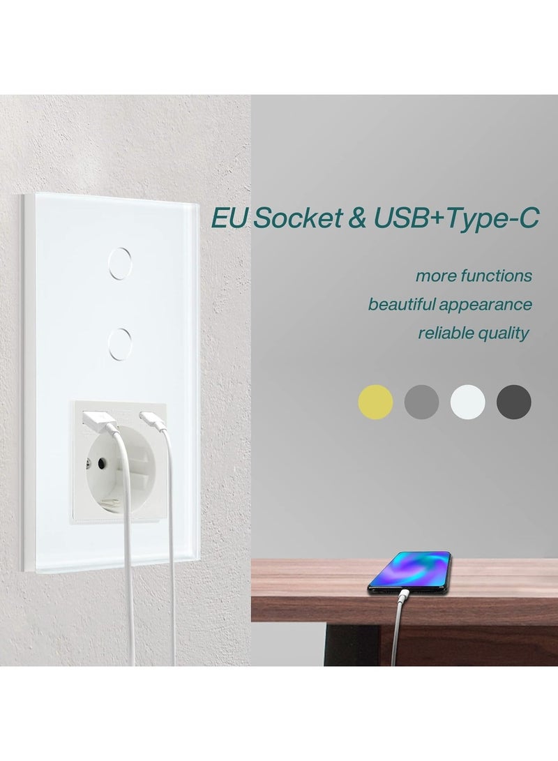 Standard Schuko Socket with Smart Alexa Glass Panel Touch Switch, 3-in-1 Socket with 2.1A USB Charging and Type-C Adapter, 2-Way/1-Way Light Switch, White