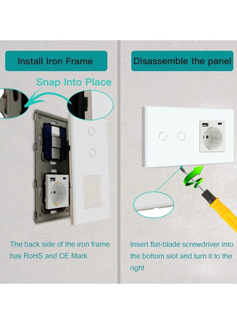 Standard Schuko Socket with Smart Alexa Glass Panel Touch Switch, 3-in-1 Socket with 2.1A USB Charging and Type-C Adapter, 2-Way/1-Way Light Switch, White