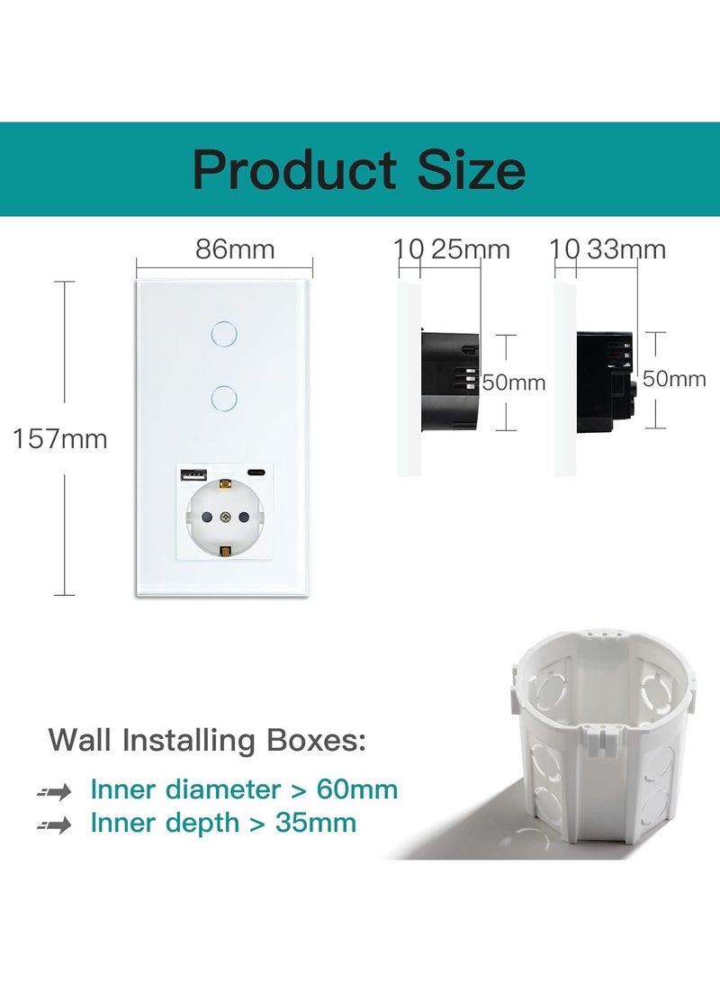 Standard Schuko Socket with Smart Alexa Glass Panel Touch Switch, 3-in-1 Socket with 2.1A USB Charging and Type-C Adapter, 2-Way/1-Way Light Switch, White