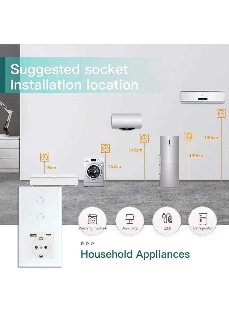 Standard Schuko Socket with Smart Alexa Glass Panel Touch Switch, 3-in-1 Socket with 2.1A USB Charging and Type-C Adapter, 2-Way/1-Way Light Switch, White