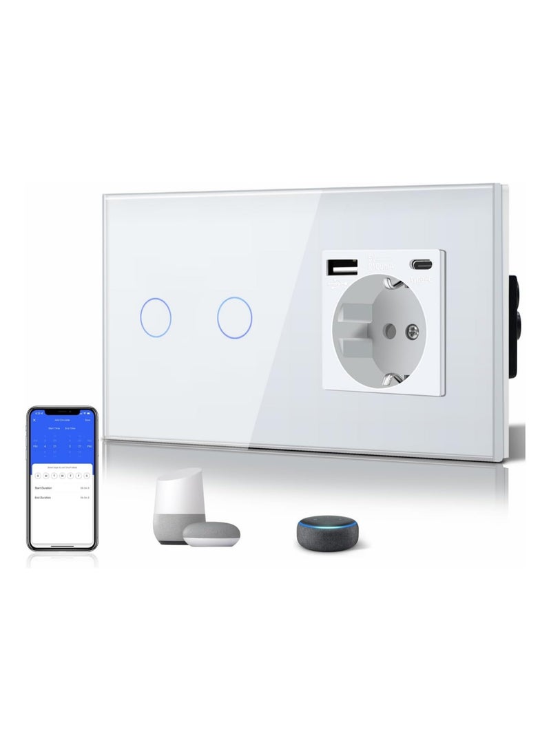 Standard Schuko Socket with Smart Alexa Glass Panel Touch Switch, 3-in-1 Socket with 2.1A USB Charging and Type-C Adapter, 2-Way/1-Way Light Switch, White