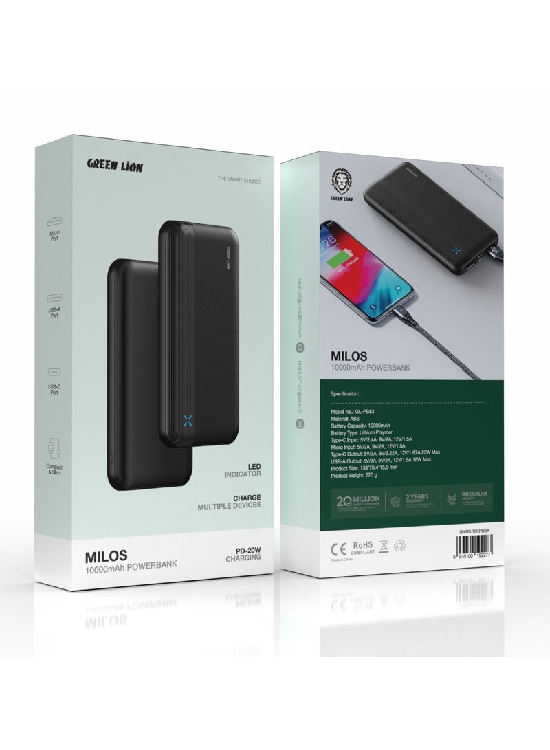 Milos 10000mAh Powerbank / PD20W Fast Charging / LED Indicator / Charge Multiple Devices / Micro/USB-A/USB-C Port / Compact & Slim Design / Lithium Polymer Battery Type - Black