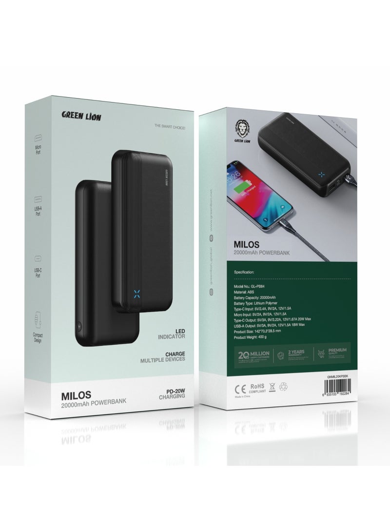 Milos 20000mAh Powerbank / PD20W Fast Charging / LED Indicator / Charge Multiple Devices / Micro/USB-A/USB-C Port / Compact & Slim Design / Lithium Polymer Battery Type - Black