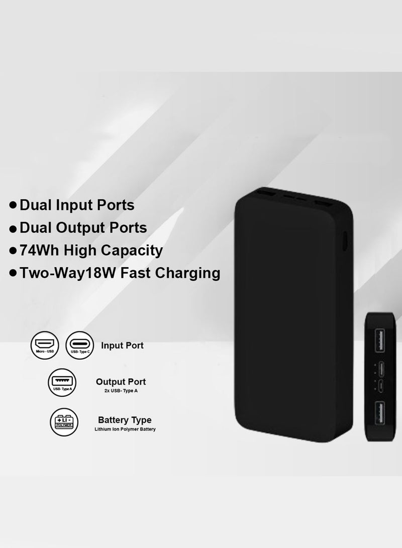 20000 mAh Power Bank Portable Charger,18W High Capacity, External Battery Pack Compatible with Smart Devices Black