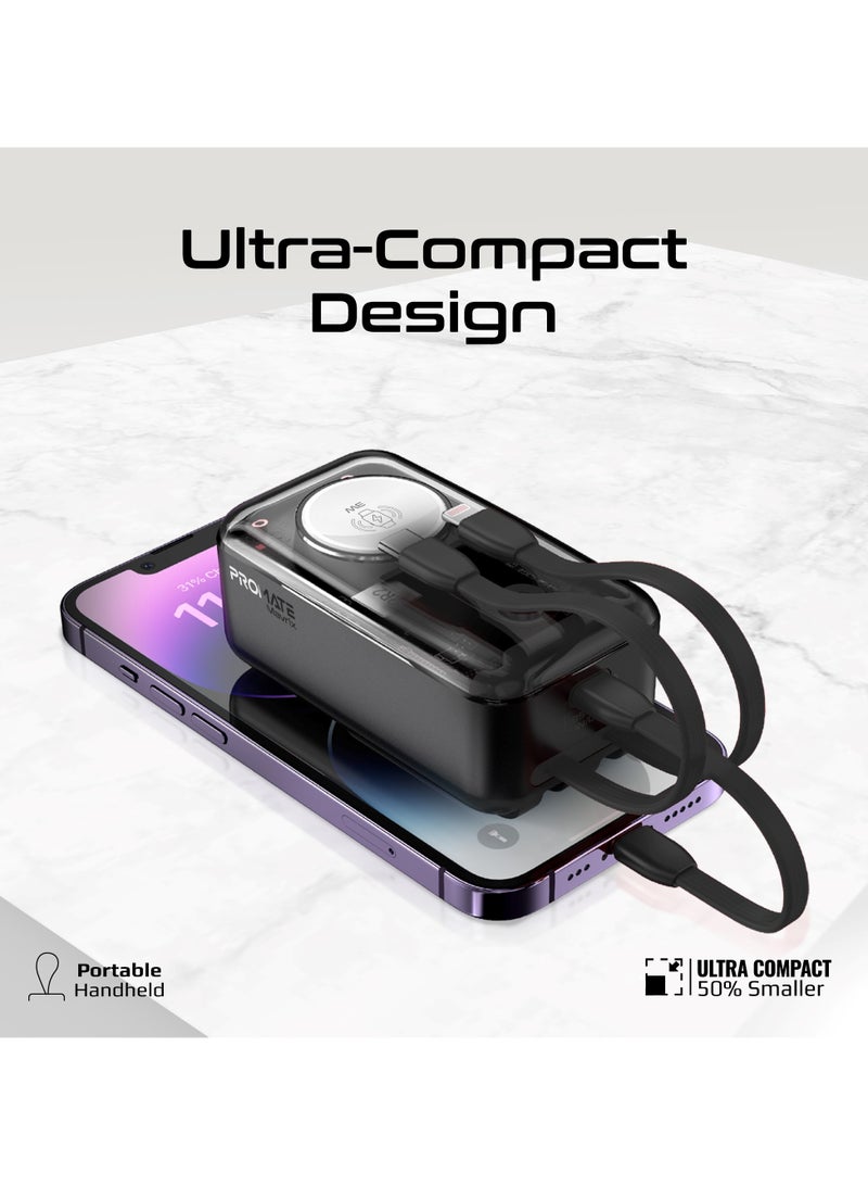 10000 mAh Transparent Power Bank With Built-In Cables, 35W Usb-C PD Cable, 12W Lightning Cord, USB-C In/Out Port And 3W Smartwatch Charger, Mavrix Black