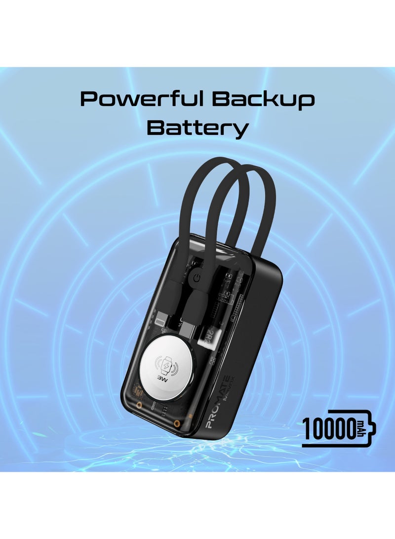 10000 mAh Transparent Power Bank With Built-In Cables, 35W Usb-C PD Cable, 12W Lightning Cord, USB-C In/Out Port And 3W Smartwatch Charger, Mavrix Black