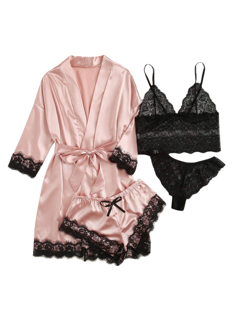 Women's 4 Pieces Satin Floral Lace Cami Top Lingerie Pajama Set with Robe