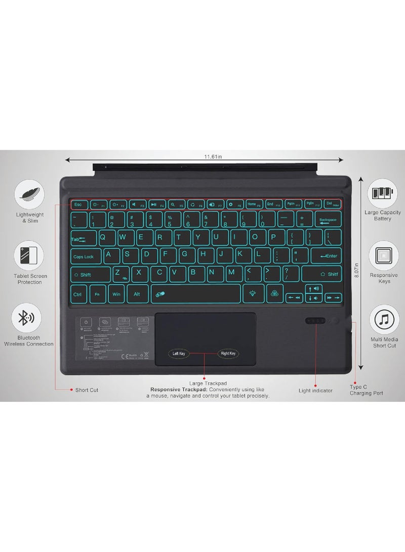 Arabic Wireless Keyboard Type Cover Trackpad Mouse Replacement for Microsoft Surface Pro 7 Pro 6 Pro 5 Pro 4 Pro 3 Bluetooth Keyboard 7-Color LED Backlit Ultra-Slim Rechargeable Battery Multi-Touch