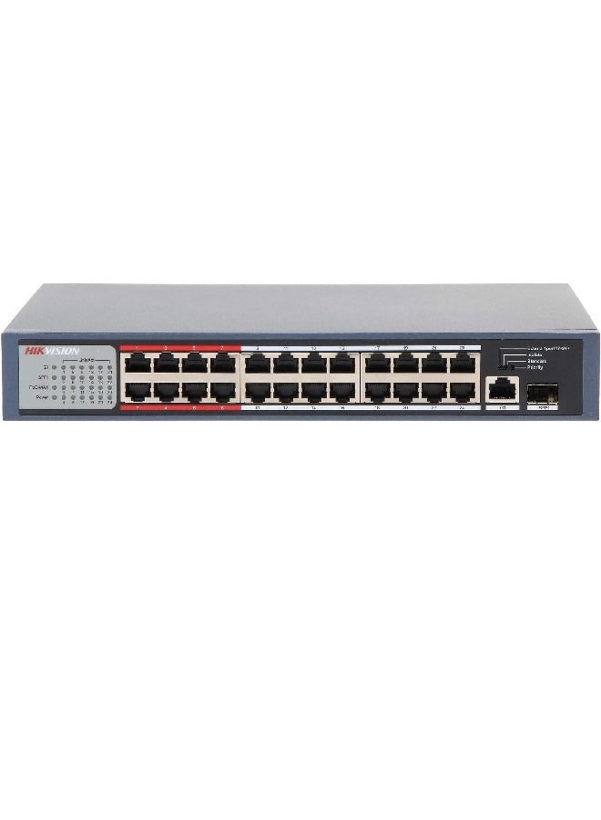 24 Port Fast Ethernet Unmanaged POE Switch, 2410/100 Mbps PoE Port, 1Gigabit RJ45 Pogrt, 1*Gigabit Fiber Optical Port, 300m Long Range PoE, 6KV Surge Protection, 8.8Gbps Switching Capacity, 2.75 Mbits, Metal, DS-3E0326P-E/M(B) Blue