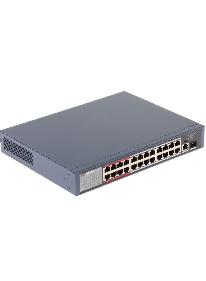 24 Port Fast Ethernet Unmanaged POE Switch, 2410/100 Mbps PoE Port, 1Gigabit RJ45 Pogrt, 1*Gigabit Fiber Optical Port, 300m Long Range PoE, 6KV Surge Protection, 8.8Gbps Switching Capacity, 2.75 Mbits, Metal, DS-3E0326P-E/M(B) Blue
