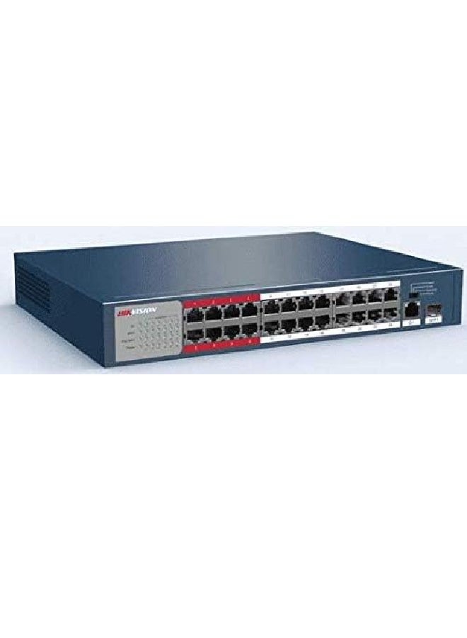 24 Port Fast Ethernet Unmanaged POE Switch, 2410/100 Mbps PoE Port, 1Gigabit RJ45 Pogrt, 1*Gigabit Fiber Optical Port, 300m Long Range PoE, 6KV Surge Protection, 8.8Gbps Switching Capacity, 2.75 Mbits, Metal, DS-3E0326P-E/M(B) Blue