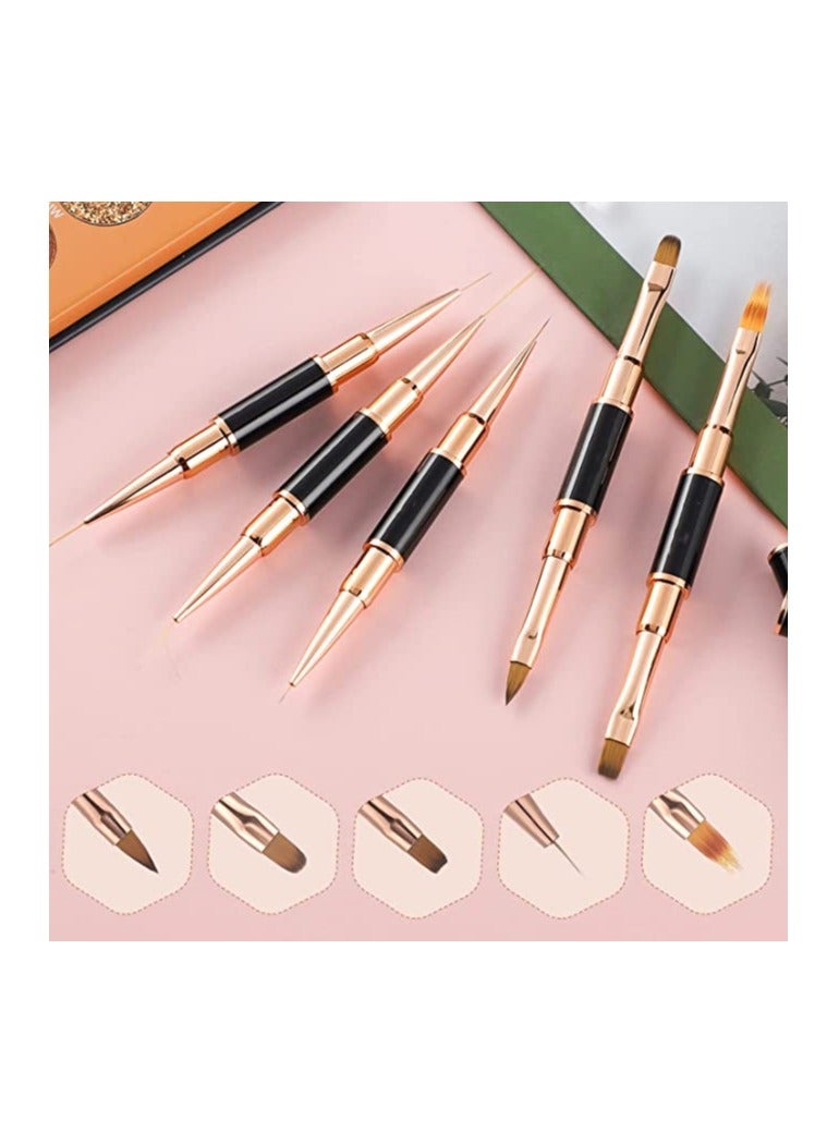 5pcs Double-Ended Acrylic Nail Art Brushes Set for Gel Polish Design, Liner Brush, and Dotting Pen for DIY Manicure at Home or Salon (Rose Gold)