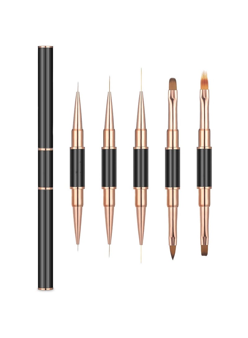 5pcs Double-Ended Acrylic Nail Art Brushes Set for Gel Polish Design, Liner Brush, and Dotting Pen for DIY Manicure at Home or Salon (Rose Gold)