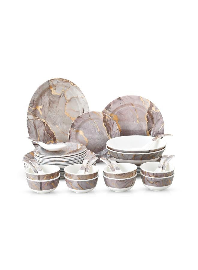 45 Piece Melamineware Dinner Set- RF6719/ Includes Oval Plate, Deep, Dinner, Soup Plates, Round Bowls, Rice Spoon, Ladle, and Soup Spoons/ Dishwasher-Safe and Freezer-Friendly/ Eco-Friendly and Food-Grade/ White and Brown Floral White 44.5x28x28cm