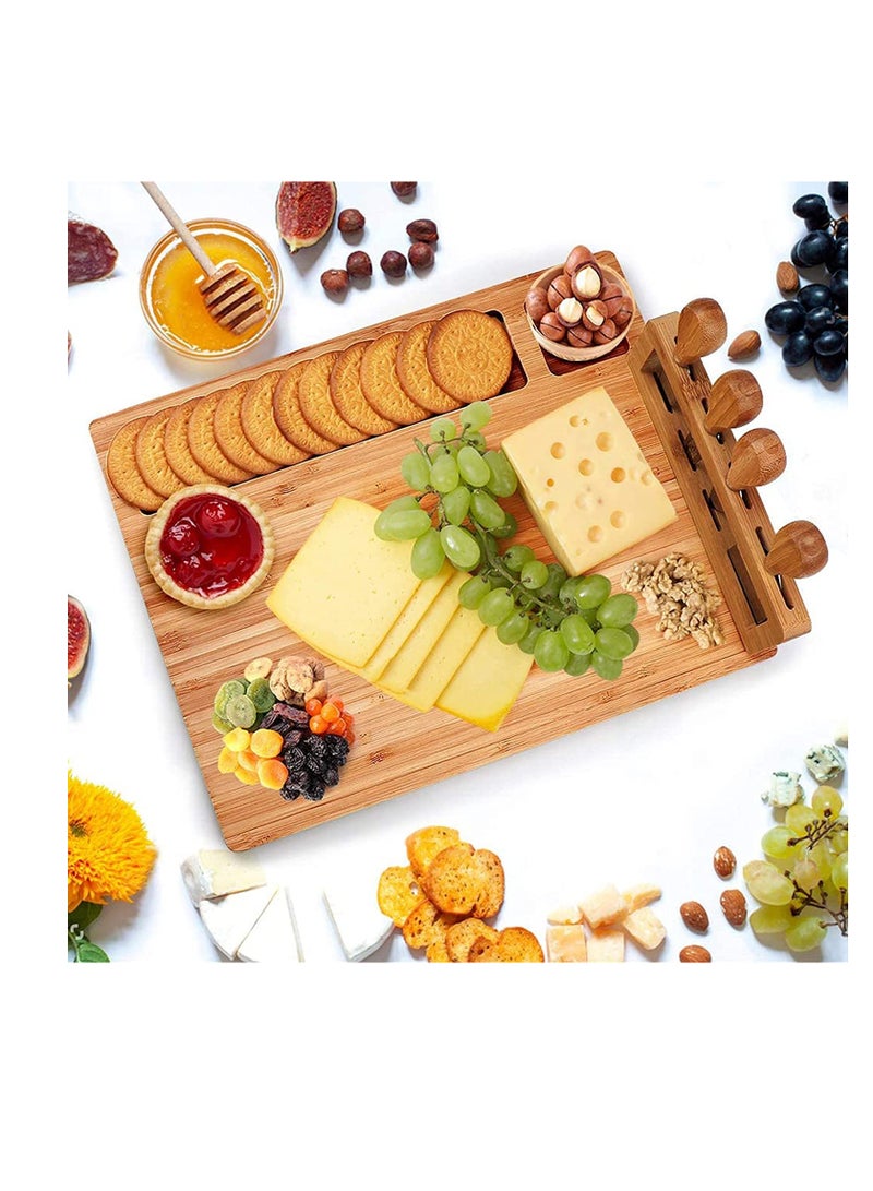 Bamboo Cheese Board Set, Cheese Tray Charcuterie Board and Serving Meat Platter with 4 Stainless Steel Cheese Knives, Ideal for Wedding Gifts, Event Birthday Party