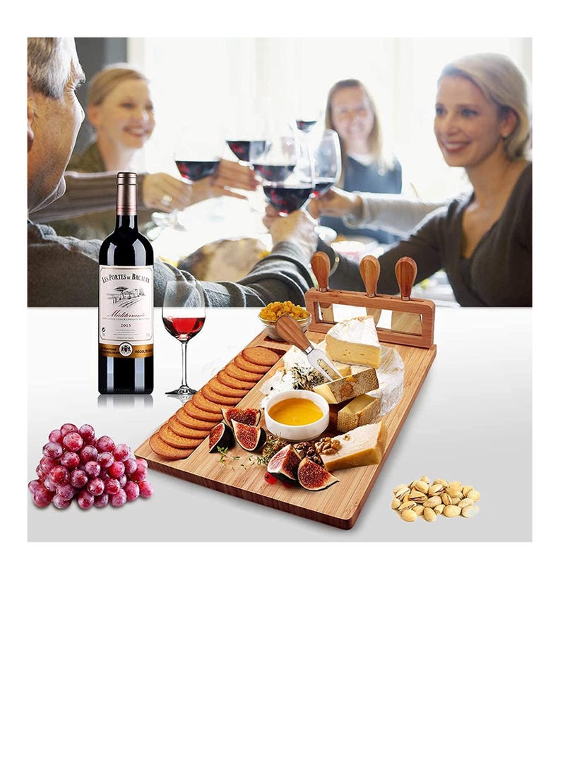 Bamboo Cheese Board Set, Cheese Tray Charcuterie Board and Serving Meat Platter with 4 Stainless Steel Cheese Knives, Ideal for Wedding Gifts, Event Birthday Party
