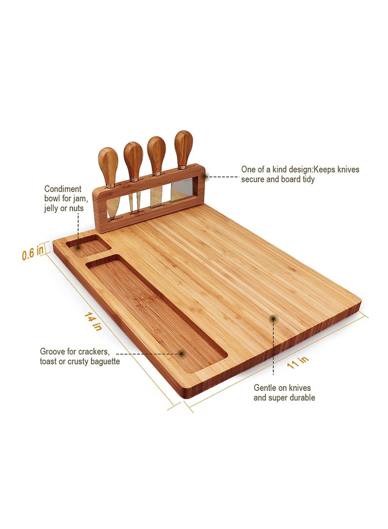 Bamboo Cheese Board Set, Cheese Tray Charcuterie Board and Serving Meat Platter with 4 Stainless Steel Cheese Knives, Ideal for Wedding Gifts, Event Birthday Party
