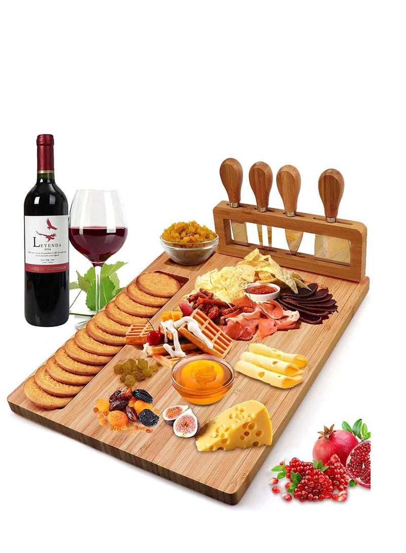 Bamboo Cheese Board Set, Cheese Tray Charcuterie Board and Serving Meat Platter with 4 Stainless Steel Cheese Knives, Ideal for Wedding Gifts, Event Birthday Party