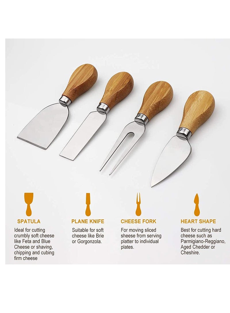 Bamboo Cheese Board Set, Cheese Tray Charcuterie Board and Serving Meat Platter with 4 Stainless Steel Cheese Knives, Ideal for Wedding Gifts, Event Birthday Party