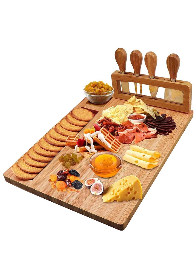 Bamboo Cheese Board Set, Cheese Tray Charcuterie Board and Serving Meat Platter with 4 Stainless Steel Cheese Knives, Ideal for Wedding Gifts, Event Birthday Party