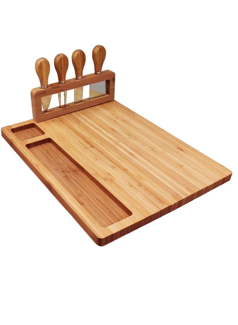 Bamboo Cheese Board Set, Cheese Tray Charcuterie Board and Serving Meat Platter with 4 Stainless Steel Cheese Knives, Ideal for Wedding Gifts, Event Birthday Party