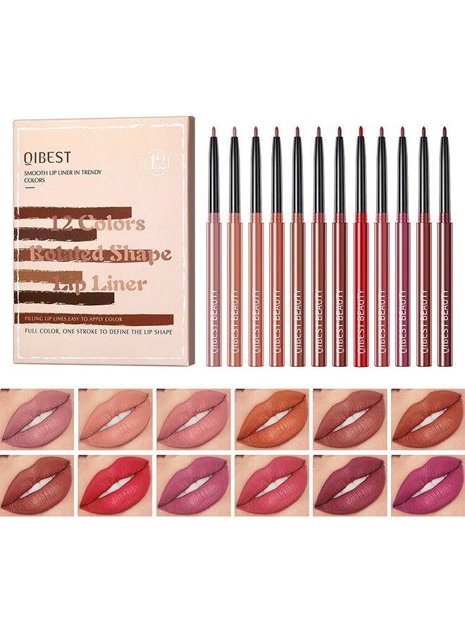 12 Colors Rotated Shape Lip Liner - Lip Liner Pencil Matte Waterproof Long Lasting Lipstick Lip Contour Makeup Lip Liner Set Full Color One Stroke Define Lip Liner 12Pcs