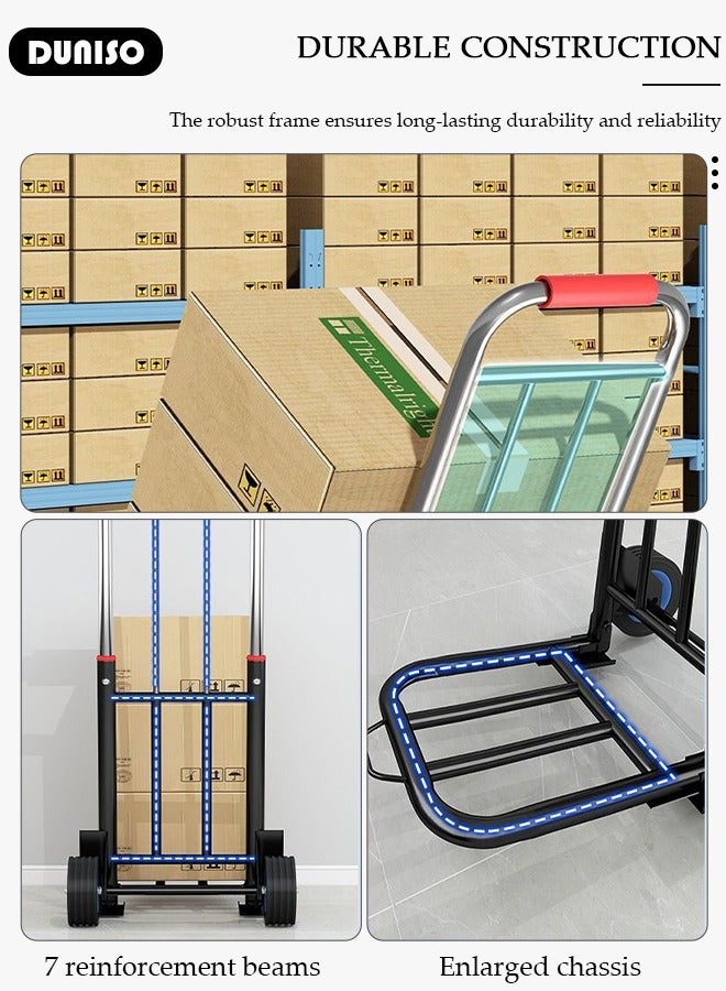 Folding Hand Truck, Heavy-Duty Luggage Trolley With Telescoping Handle and Rubber Wheels, Truck Cart Lightweight Shopping Trolley for Factory Warehouse, Moving Storage and More