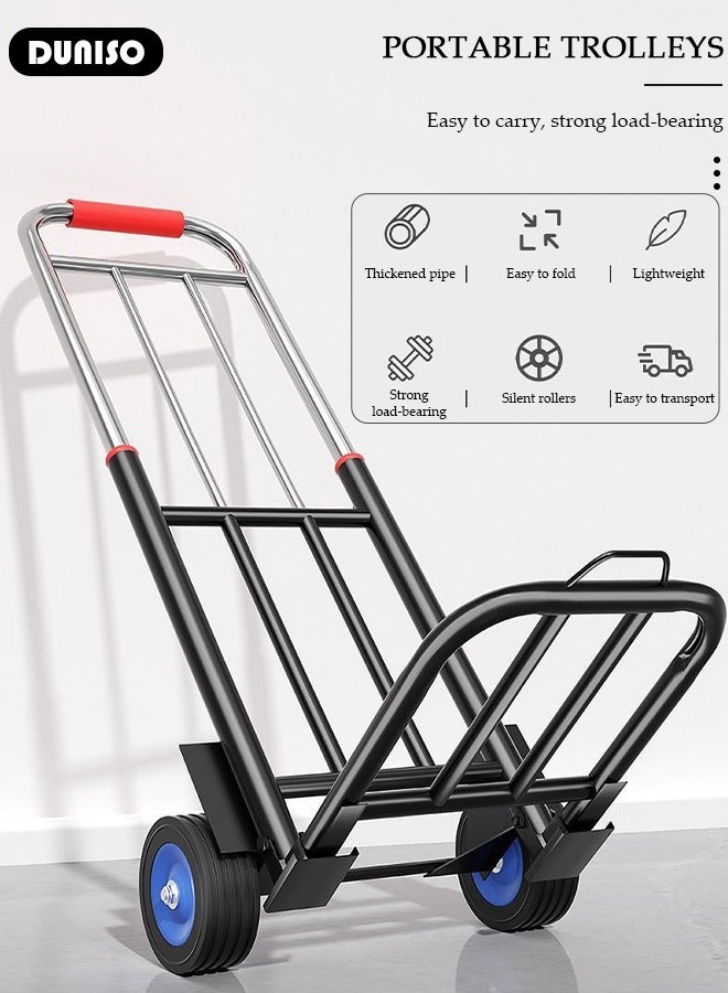 Folding Hand Truck, Heavy-Duty Luggage Trolley With Telescoping Handle and Rubber Wheels, Truck Cart Lightweight Shopping Trolley for Factory Warehouse, Moving Storage and More