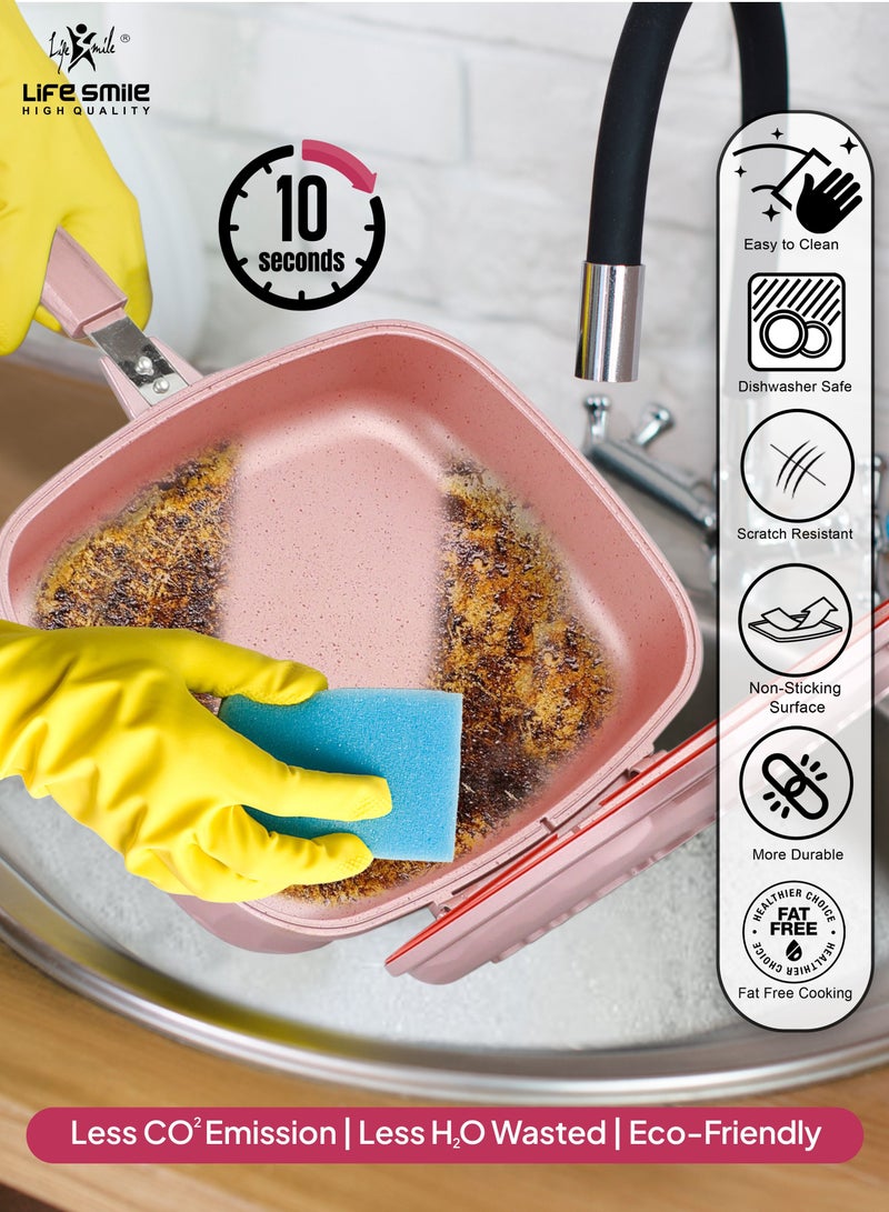 32CM Smart Double Grill Pan - Stone Design - 100% PFOA FREE - Flipping Grill Frying Pan | Multiple Hob Compatibility