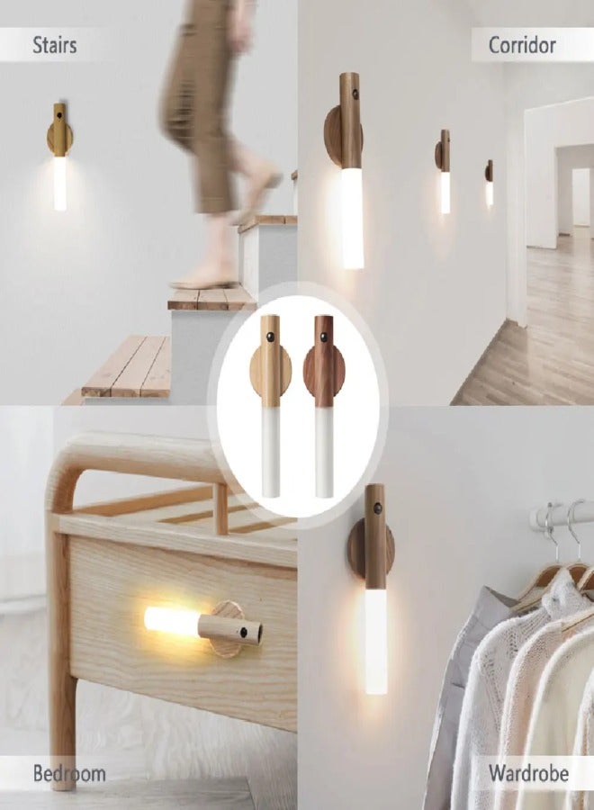 LED Wood USB Night Light Magnetic Wall Lamp for Kitchen Cabinet Closet Home Staircase Bedroom and Table Warm Color LEDs Frosted Glass Lampshade