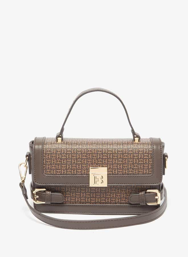 Women Monogram Print Satchel Bag with Button Closure