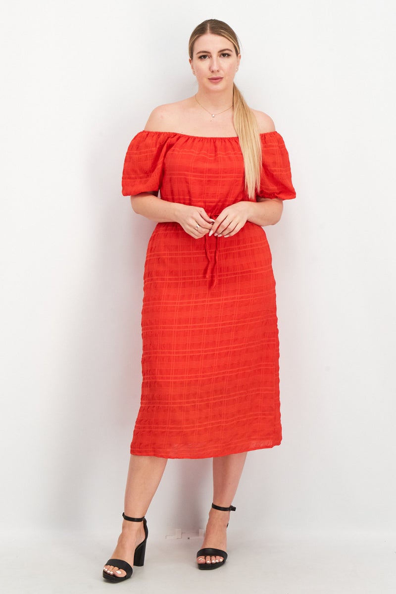 Women Off Shoulder Textured Midi Dress, Red
