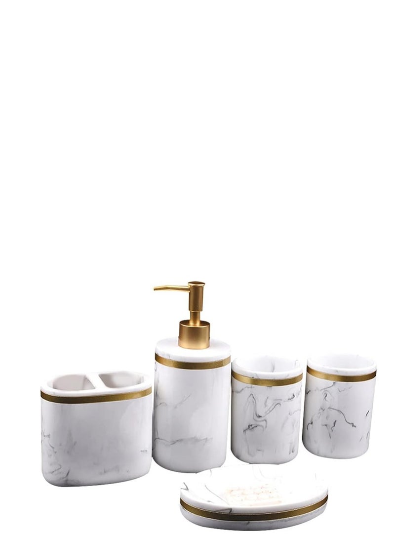 5 Pcs Set Five Piece Washing Set Marble Liquid Pump Bottle Toothpaste Holder Soap Pump Marble Bathroom Accessory Bathroom Tumbler Decorative soap Brushing Cups Resin Shampoo Lotion