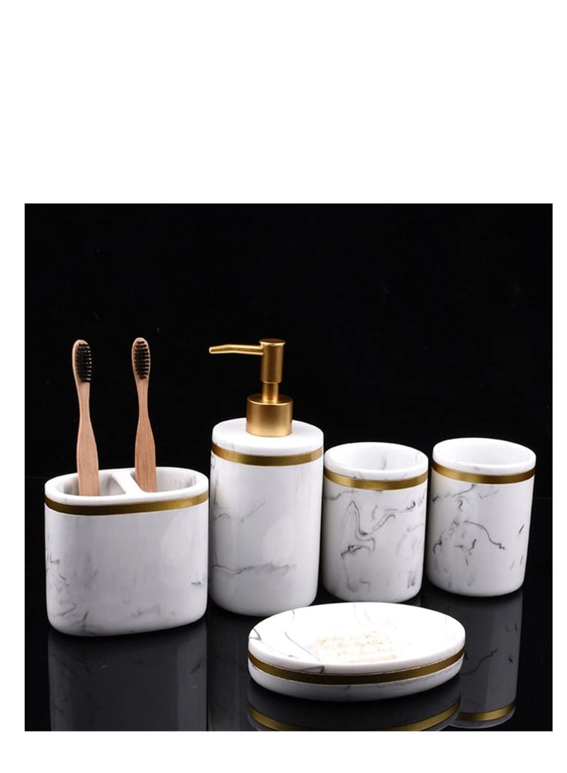 5 Pcs Set Five Piece Washing Set Marble Liquid Pump Bottle Toothpaste Holder Soap Pump Marble Bathroom Accessory Bathroom Tumbler Decorative soap Brushing Cups Resin Shampoo Lotion